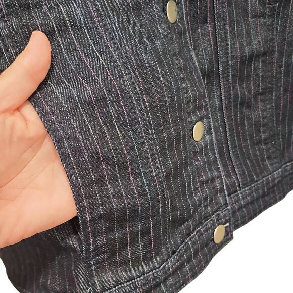 Christopher & Banks Women's Black/ Blue Striped Button Front Denim Jacket Large - Picture 11 of 13